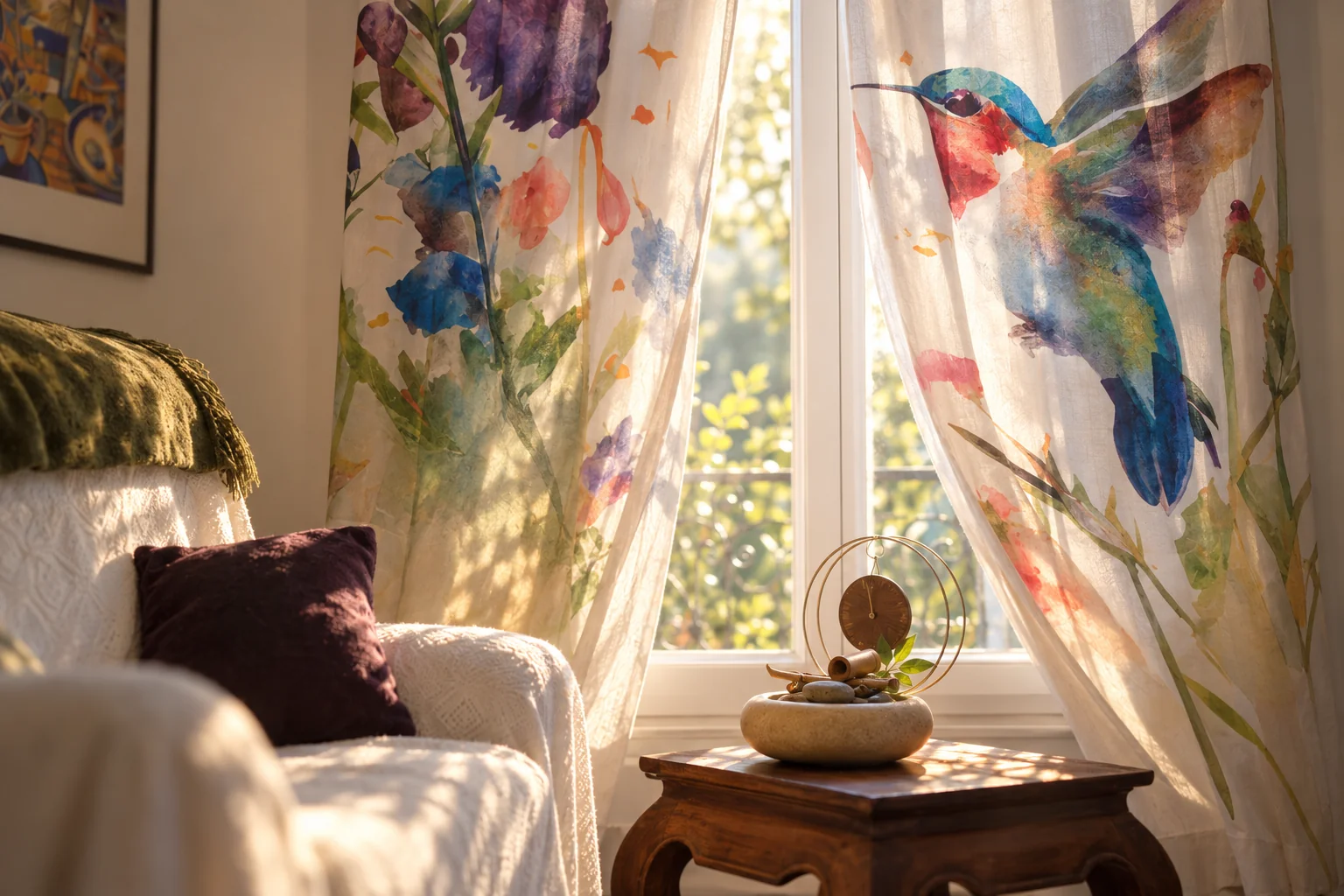 Le cabinet de Péline baigné de lumière, avec ses rideaux aux colibris.